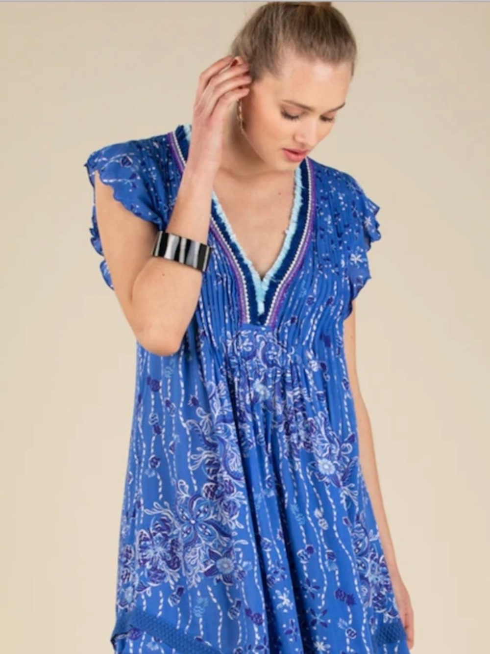 Poupette St. Barth Sasha Blue Floral V-Neck Flutter Sleeve Dress